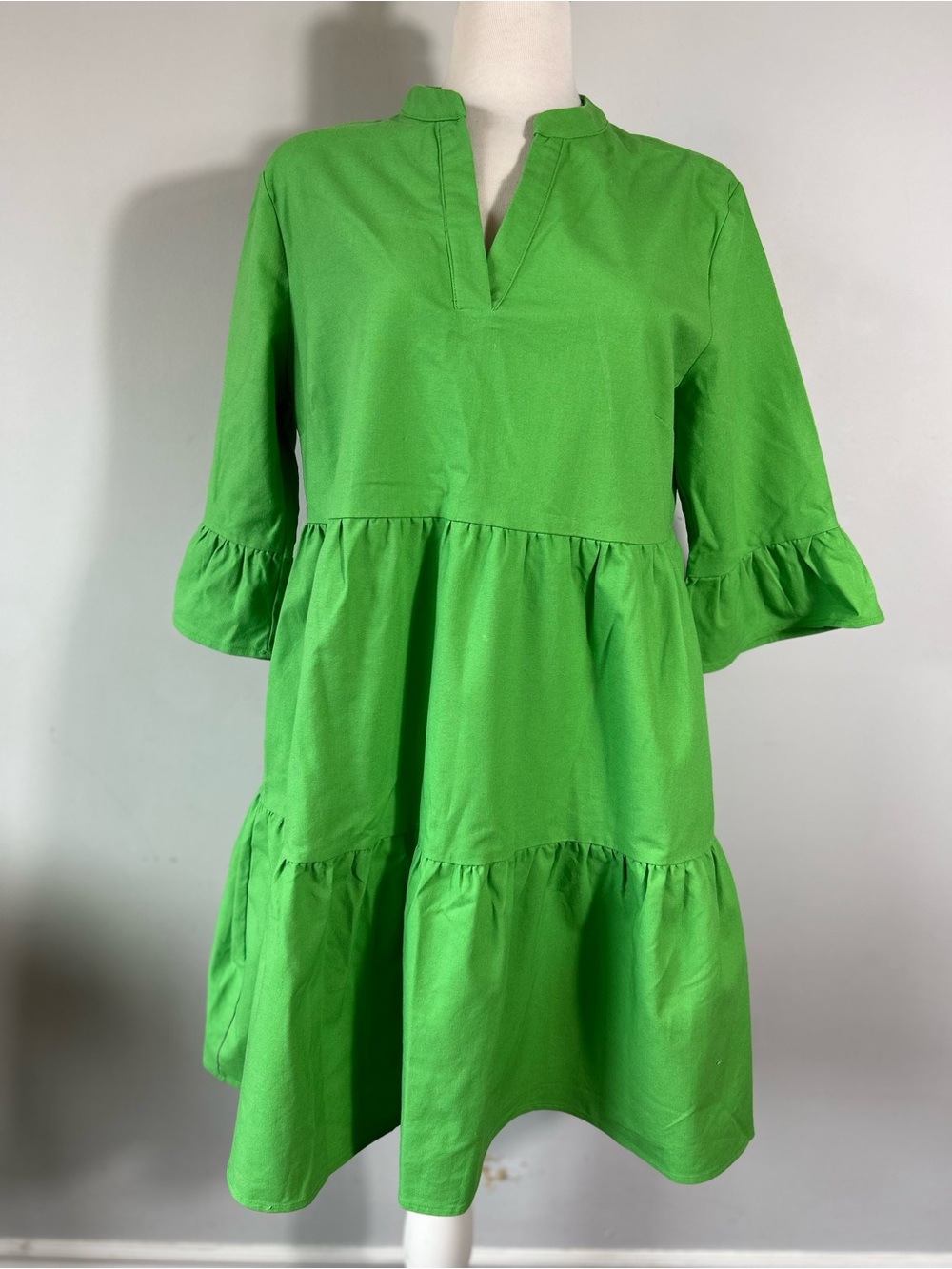 Pink Martini Kelly Green Tiered Ruffle Mini Dress Cotton Linen Size Large